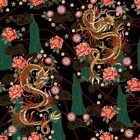 Seamless pattern with Chinese traditional dragon, peonies and sakura. vector.のイラスト素材