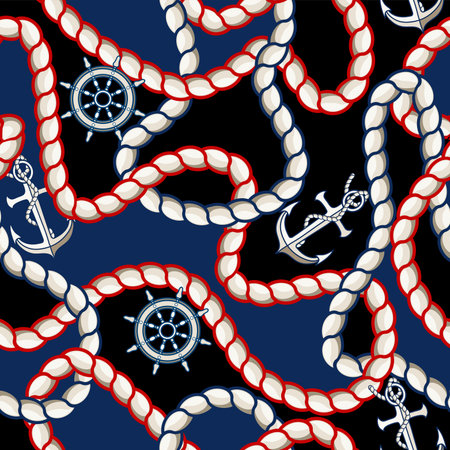 Seamless pattern with rope, anchor and steering wheel for fabric design.のイラスト素材