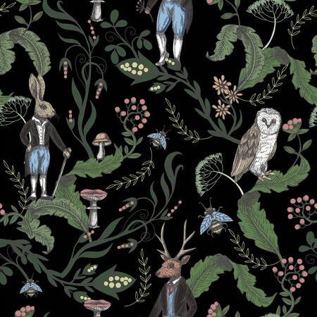 Fairytale graphic seamless pattern with forest animals and flowersのイラスト素材