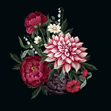 Bouquets with dahlia, peonies and wild flowers. Vector.のイラスト素材