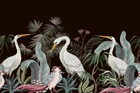 Border in chinoiserie style with storks and peonies. Vector.のイラスト素材