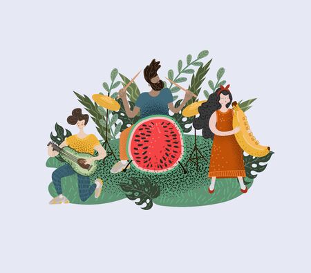 Little people who play musical instruments. Illustration with musicians and fruits.のイラスト素材