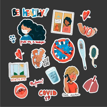 Coronavirus prevention reminder stickers. Vector.のイラスト素材