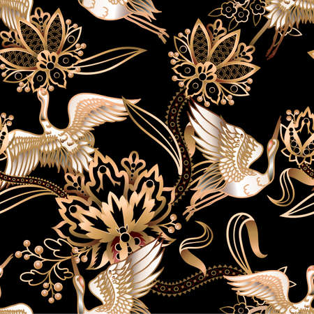 Seamless pattern with Chinese gold cranes and flowers. Vector.の写真素材