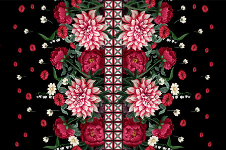 Seamless pattern with dahlia, peonies, wild flowers and geometrical elements. Vector.の写真素材