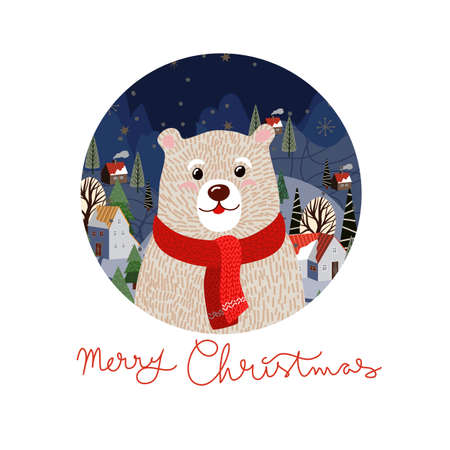 Christmas card with cute polar bear in a red scarf. Vector cartoon flat illustration.のイラスト素材