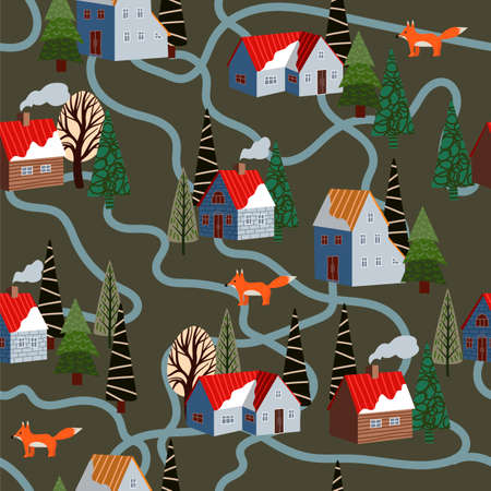 Seamless pattern with winter mountain landscape and small houses. Vector.のイラスト素材