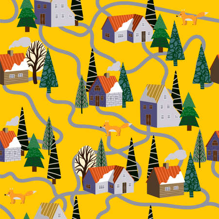 Seamless pattern with winter mountain landscape and small houses. Vector.のイラスト素材