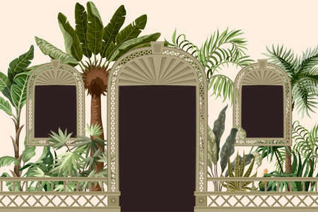 Border with tropical trees and door openings in a garden style. Trendy interior printのイラスト素材