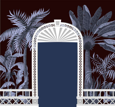 Border with tropical trees and door openings in a garden style. Trendy interior print.のイラスト素材