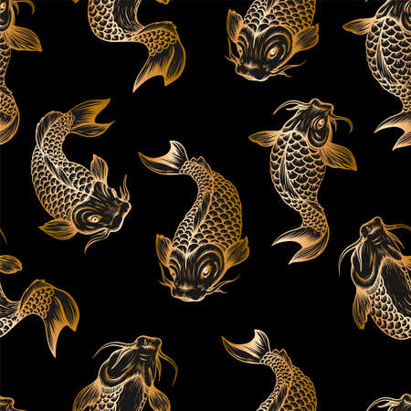 Seamless pattern with golden fish koi. Japanese vintage print.のイラスト素材
