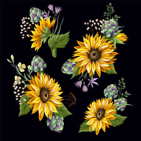 Sunflowers bouquet with wild flower and artichoke isolated.のイラスト素材