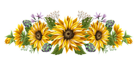 Sunflowers bouquet with wild flower and artichoke isolated.のイラスト素材