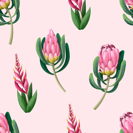 Seamless pattern with proteas flowers. Trendy floral vector print.のイラスト素材