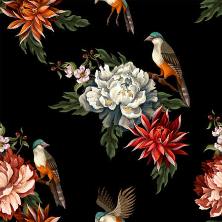 Ornate seamless pattern with vintage peonies, roses and birds. Vector.のイラスト素材