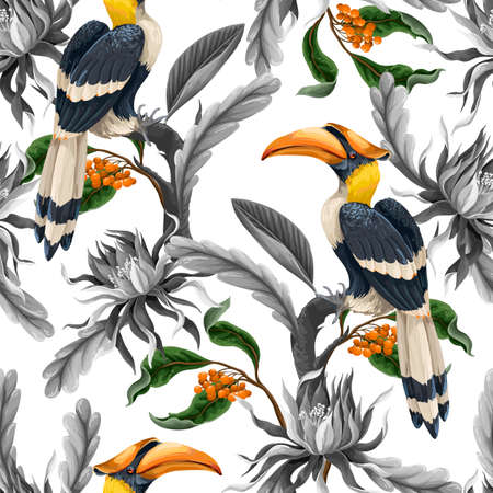 Seamless pattern with birds and tropical leaves and flowers. Vector.のイラスト素材