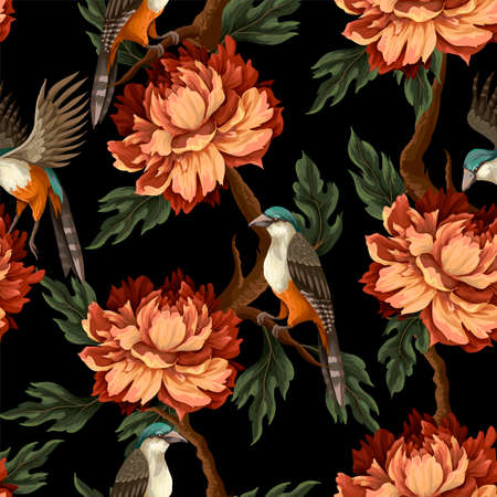 Ornate seamless pattern with vintage peonies, roses and birds. Vector.のイラスト素材