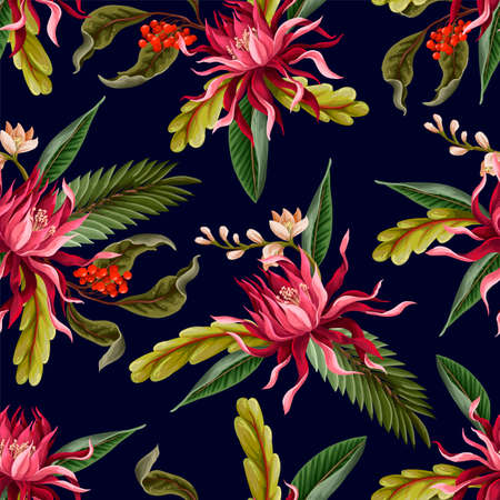 Seamless pattern with tropical leaves and flowers. Vector.のイラスト素材