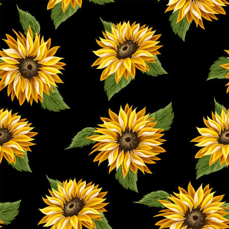 Seamless pattern with sunflowers on a black background.のイラスト素材
