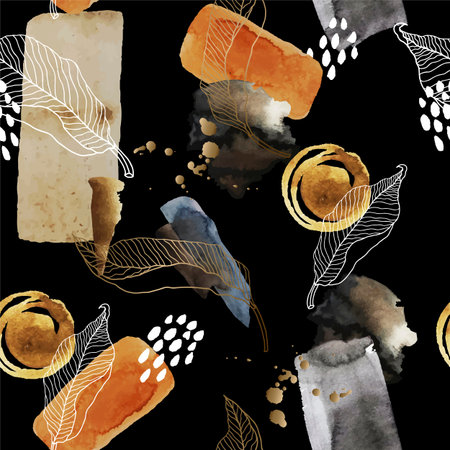 Seamless abstract pattern with watercolor blots, leaves and gold elements. Vector.のイラスト素材