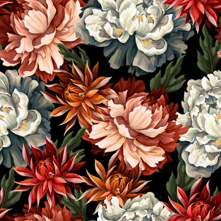 Ornate seamless pattern with vintage peonies, roses and .chrysanthemums. Vector.のイラスト素材
