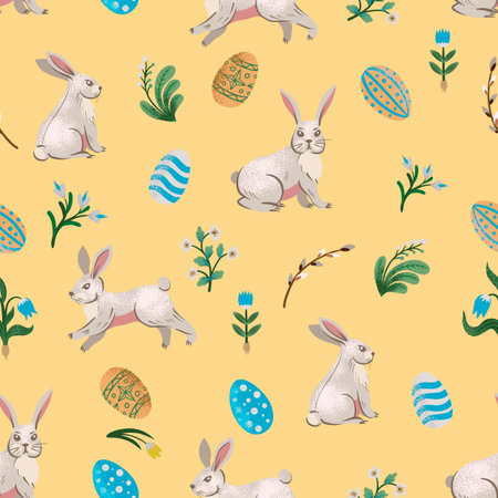 Rustic seamless pattern with trees, rabbits, eggs and other. Easter print.のイラスト素材
