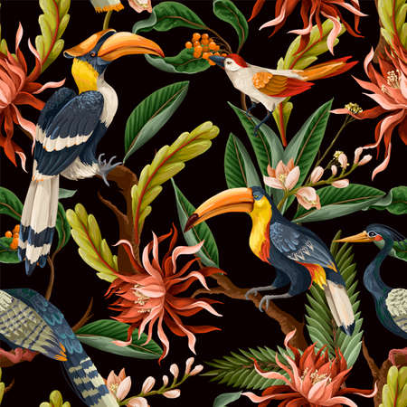 Seamless pattern with birds and tropical leaves and flowers. Vector.のイラスト素材