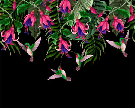 Border with hummingbirds and tropical flowers. Trendy vector print.のイラスト素材