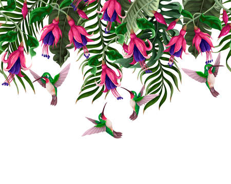 Border with hummingbirds and tropical flowers. Trendy vector print.のイラスト素材