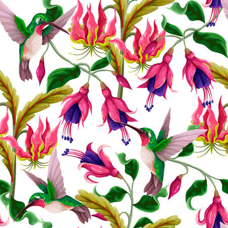 Seamless pattern with hummingbirds and tropical flowers. Trendy vector print.のイラスト素材