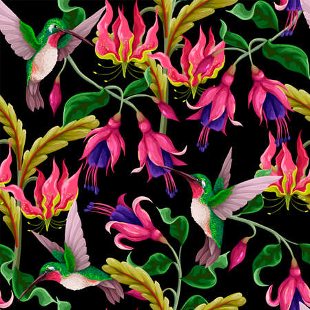 Seamless pattern with hummingbirds and tropical flowers. Trendy vector print.のイラスト素材
