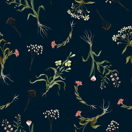 Seamless pattern with wild thin flowers. Trendy botanical print.