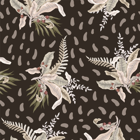 Seamless pattern with light tropical leaves and flowers. Trendy textile print.のイラスト素材