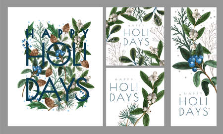Christmas greeting card or poster with botanical berries, pines and leaves.のイラスト素材