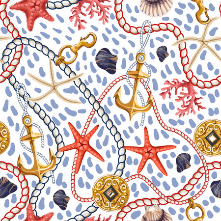 Seamless pattern with starfishes, shells and rope. Vector trende print.