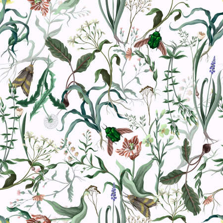 Seamless pattern with wild thin flowers and insects. Trendy botanical print.のイラスト素材