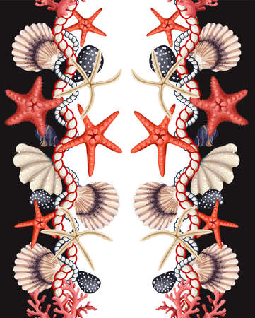 Border with starfishes, shells and rope. Vector trende print.のイラスト素材
