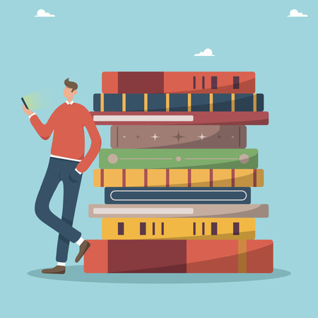 The concept of a library of books in the phone, a person reads a book in the phone. Online e-learning, book archive, online library, online courses, books on the phone.のイラスト素材