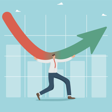 Economic and investment improvement or exit from the crisis, growth and success. economic recovery. Business improvement or development plan to increase profits. Businessman pointing an arrow up.のイラスト素材