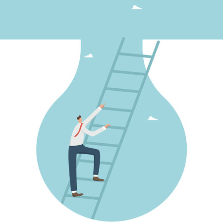 Go beyond, find business ideas, think and brainstorm for new idea or opportunity, career path or goal achievement, businessman climbing stairs with idea light bulb.のイラスト素材
