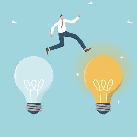 Finding an idea to achieve a goal, strategic planning, career path, creative problem solving, brainstorming, using innovation for a successful business, man jumping from light bulb off to on.のイラスト素材
