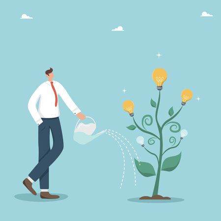 Work hard to achieve your goals, look for creative ideas to grow your business, create to solve problems, use innovation to run your business, water the tree with light bulbs of ideas.のイラスト素材