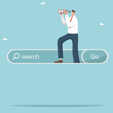 Search for the necessary information or opportunities, openness to new knowledge or science, a person looks through vacancies for a new job. The man is on the search line and looks through binoculars.のイラスト素材