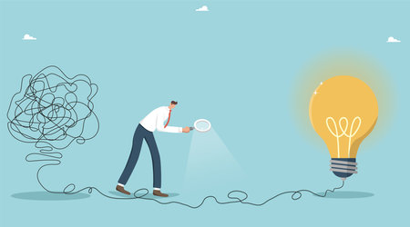 Find a way out of a difficult situation, ability to solve problems, creative thinking, take steps towards a big perspective, create an innovative idea, from confused thoughts to a brilliant solution.のイラスト素材