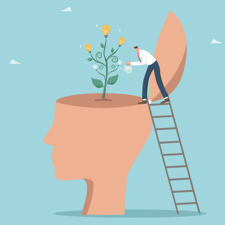 Personal growth or development of intellectual potential, grow a genius in yourself, creative thinking and intuition for business development and problem solving, man watering a tree with light bulbs.のイラスト素材