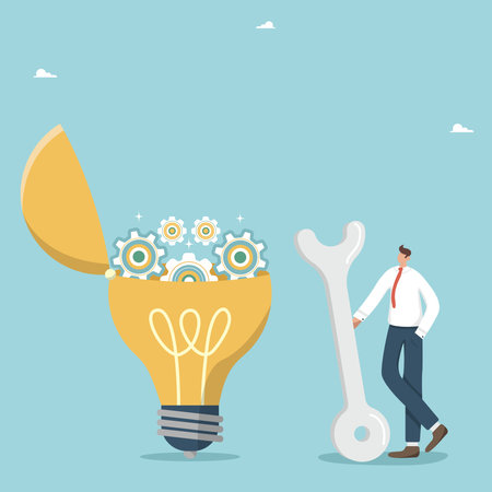 Make efforts for new opportunities, find the key to create a new idea or innovation, creativity and intelligence to solve business problems. Businessman with a wrench near a light bulb with gears.のイラスト素材