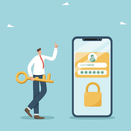 Online authentication concept, secure data privacy, account protection and security, strong password for cyber security, app login password, unlock, businessman with golden key knows login password.のイラスト素材
