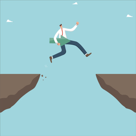 Find a strategy or a way to achieve goals, career growth, business planning to overcome difficulties, creative motivation to succeed, a man with a direction arrow in his hand is jumping from a cliff.のイラスト素材