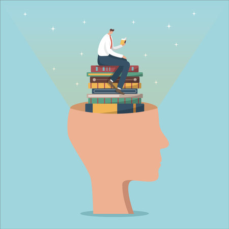 Reading books, learning and gaining new knowledge, developing intelligence and thinking, using wisdom to achieve goals and success, man reads a book and sits on a stack of books in a large human head.のイラスト素材