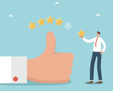 Five-star rating, positive feedback on product quality and service, excellent service, user satisfaction rating, marketing, a man stands near a big hand, shows a thumbs up and puts 5 stars.のイラスト素材